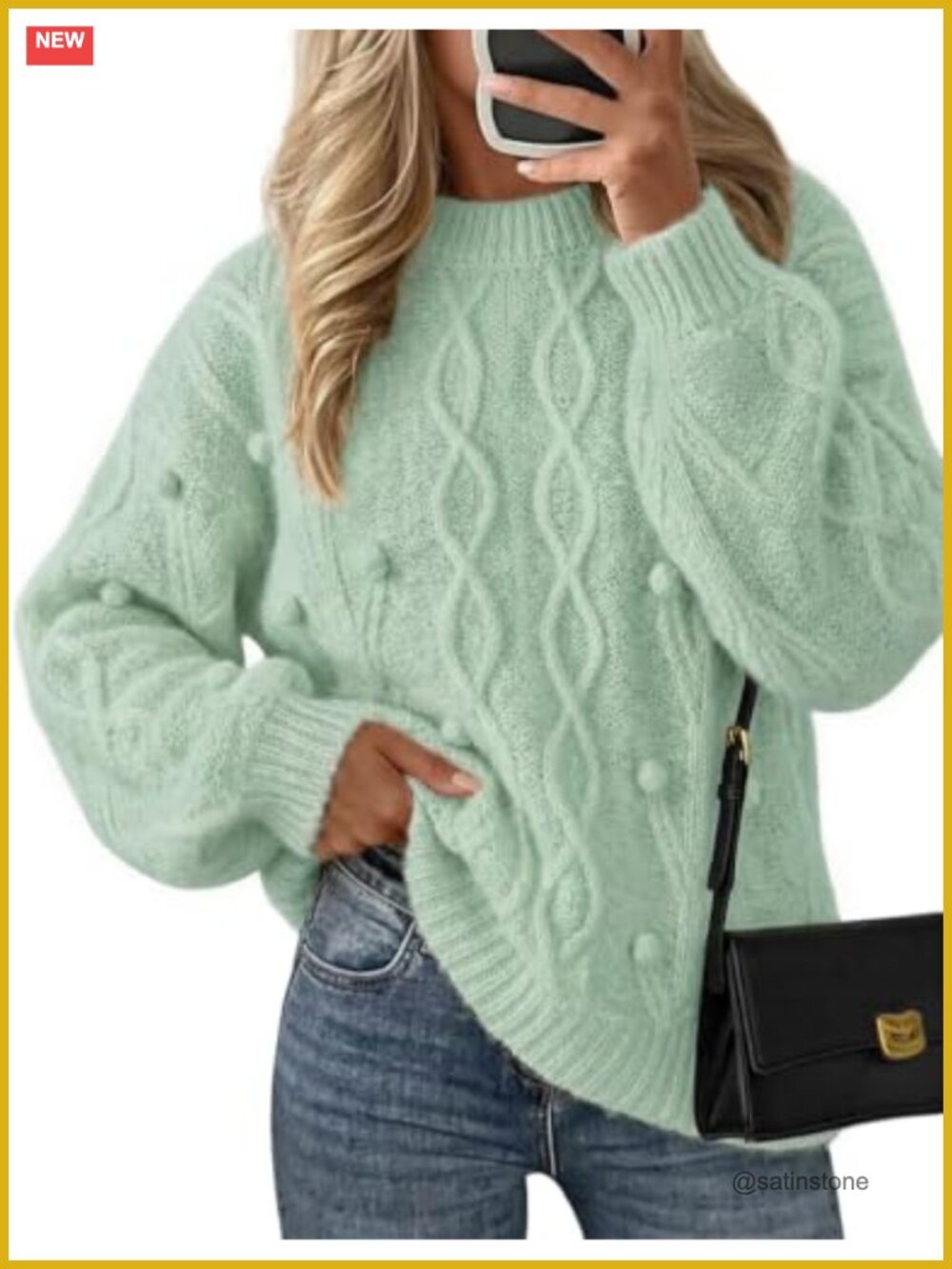 Women's Cable Knit Crewneck Sweater Loose Fit Long Sleeve